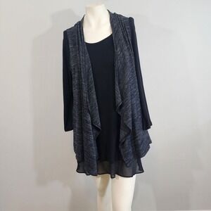 LOGO Lori Goldstein Black Gray Layered Tunic Top Sheer Hem Long Sleeve Large
